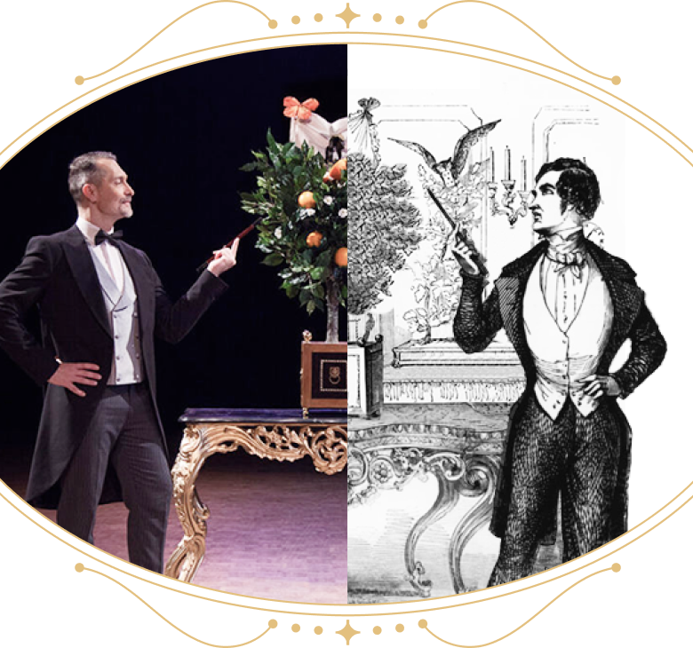 Laurent Beretta en couleur et Robert Houdin en noir et blanc comparatif de deux illusionnistes au 21e et 19e siècle